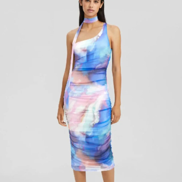 NWT Bershka Printed asymmetric midi dress Size Large - Picture 1 of 4
